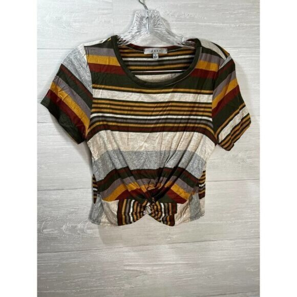 GAZE Women's Front Twist Short Sleeve Stripe Crop T-Shirt Tops Blouse - Picture 3 of 7